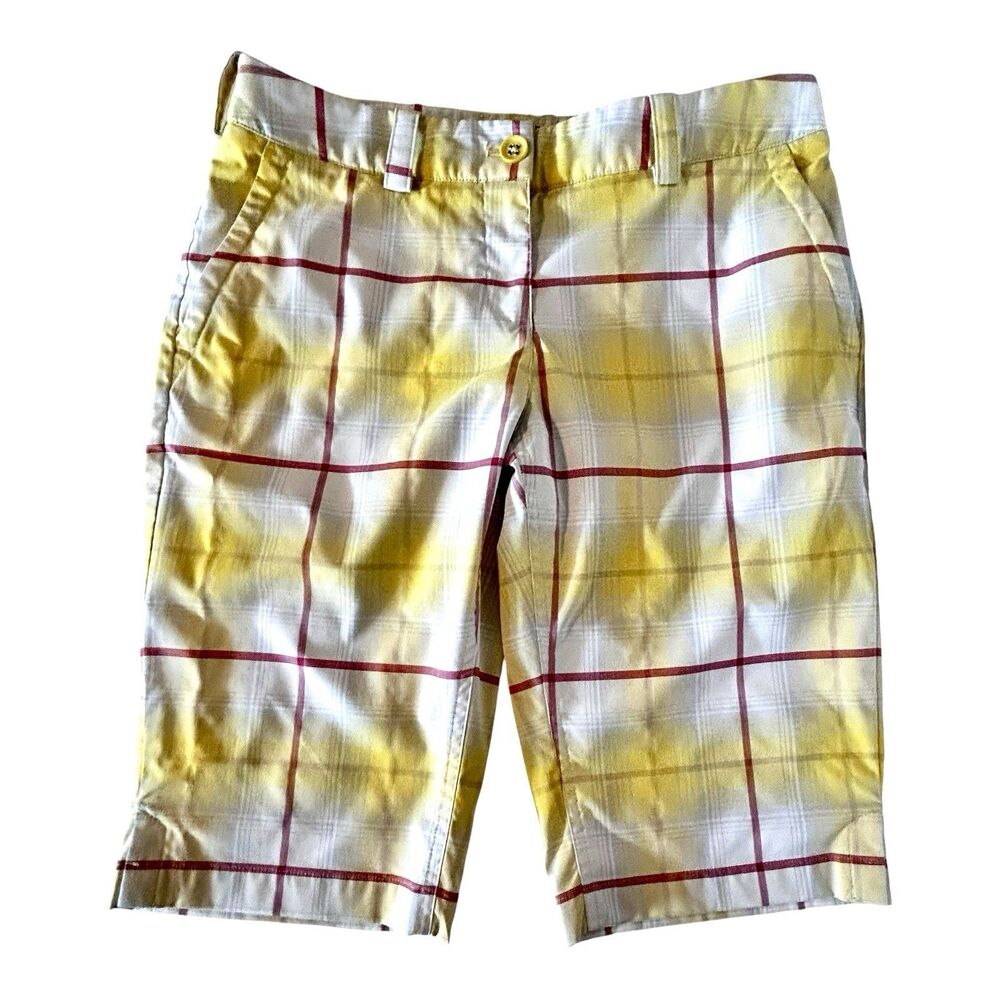 Nike Golf Tour Performance Dri Fit Shorts Womens Sz 6 Bermuda Plaid Yellow Pink